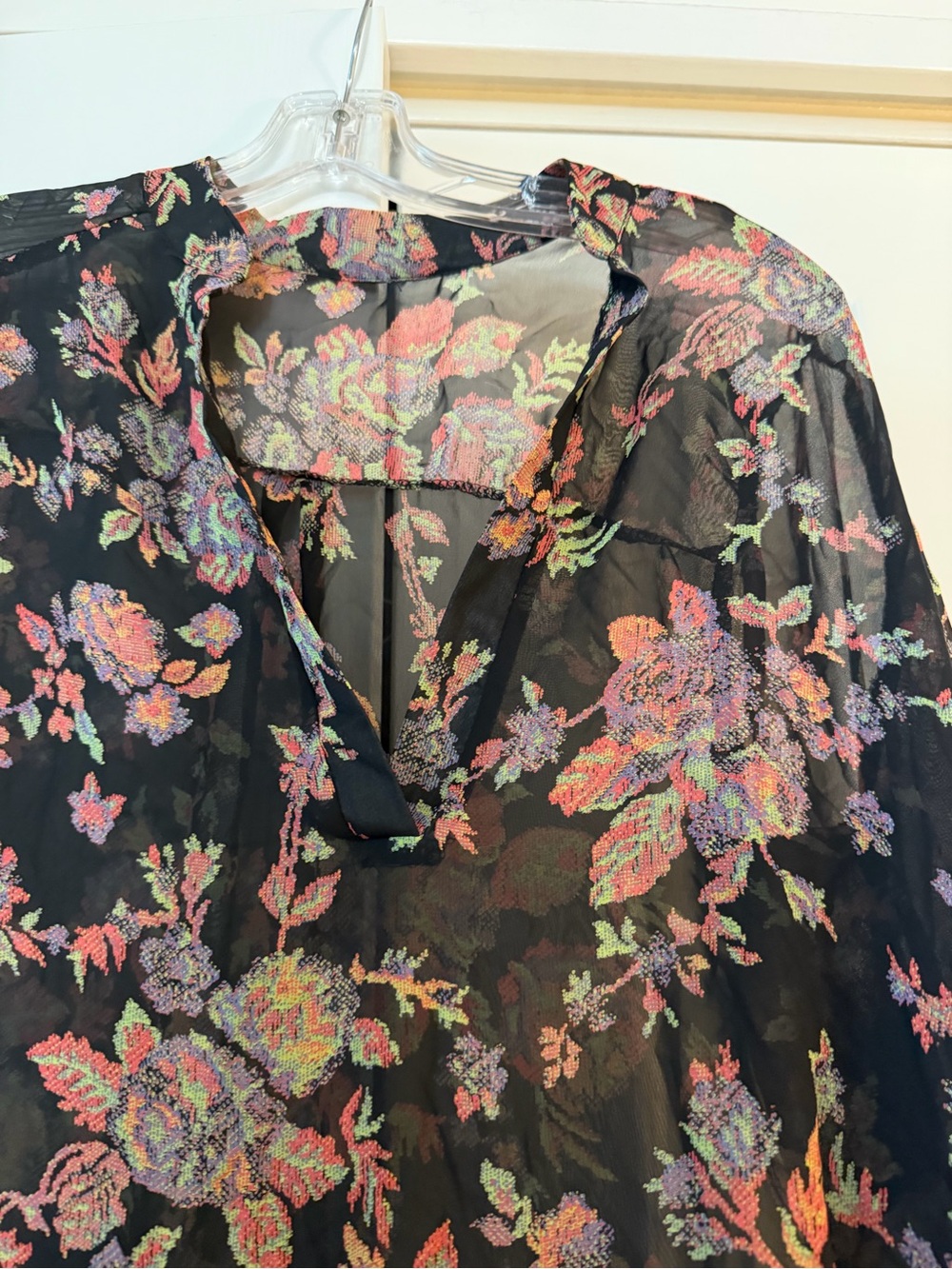Sheer Black Floral Blouse with Pastel Embroidery